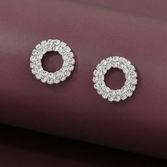 Silver Women's Elegant Geometric Round Rhinestone Stud Earrings - Picture 2 of 4